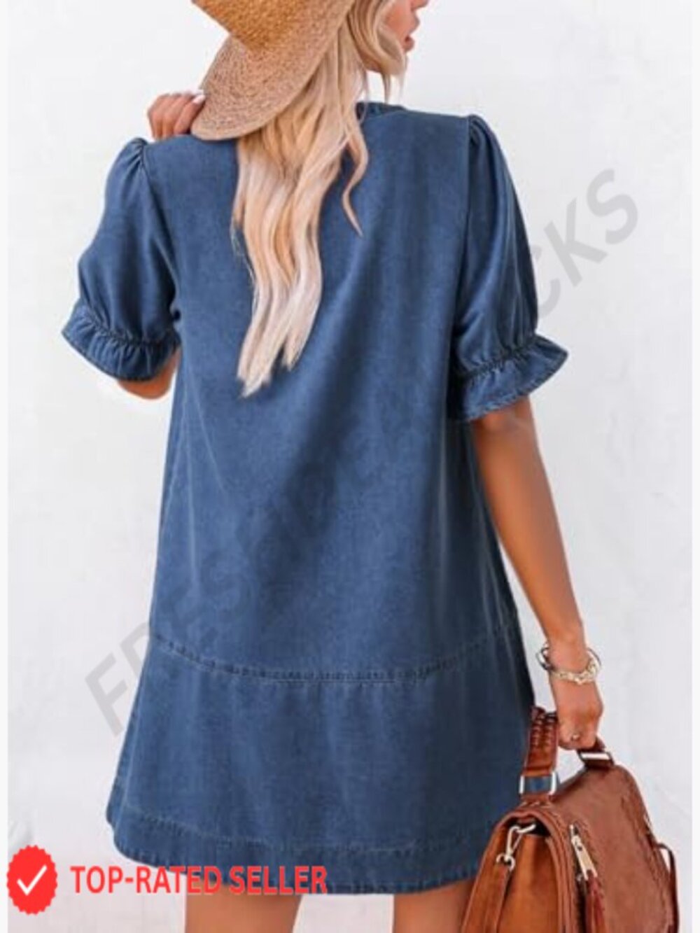 Denim Babydoll Dress with Ruffle Short Sleeves Casual Button Front Mini Dress - Picture 6 of 7